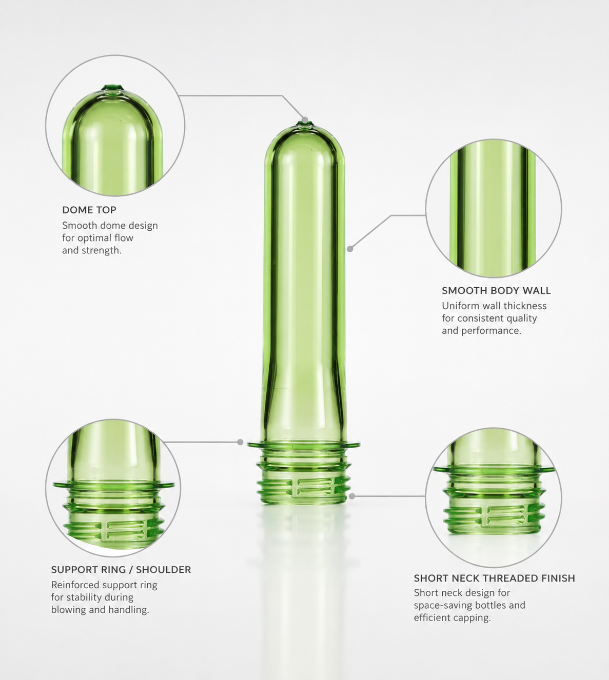 28mm Short Neck PET Preform -- PCO 1881 neck finish, food-grade PET resin, available in multiple weights and colors