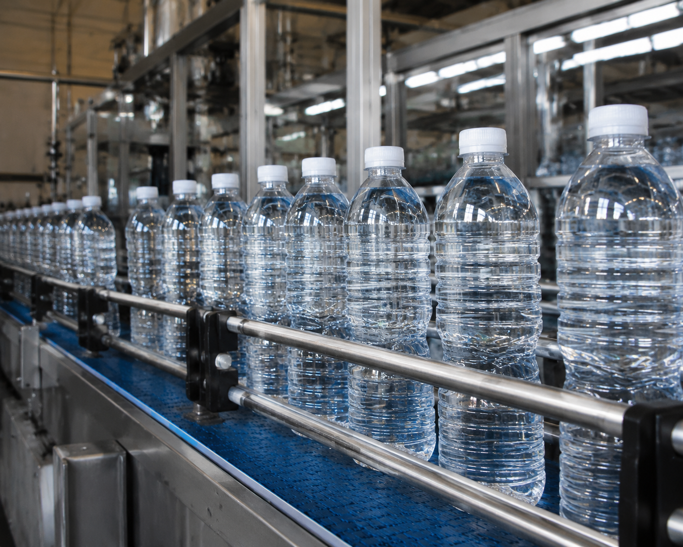 Finished PET beverage bottles on conveyor