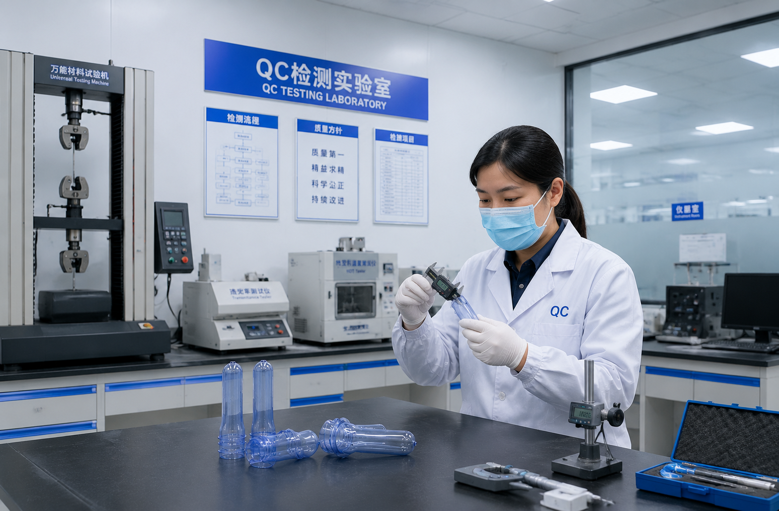 PET preform product quality inspection -- wall thickness, neck finish, and transparency check