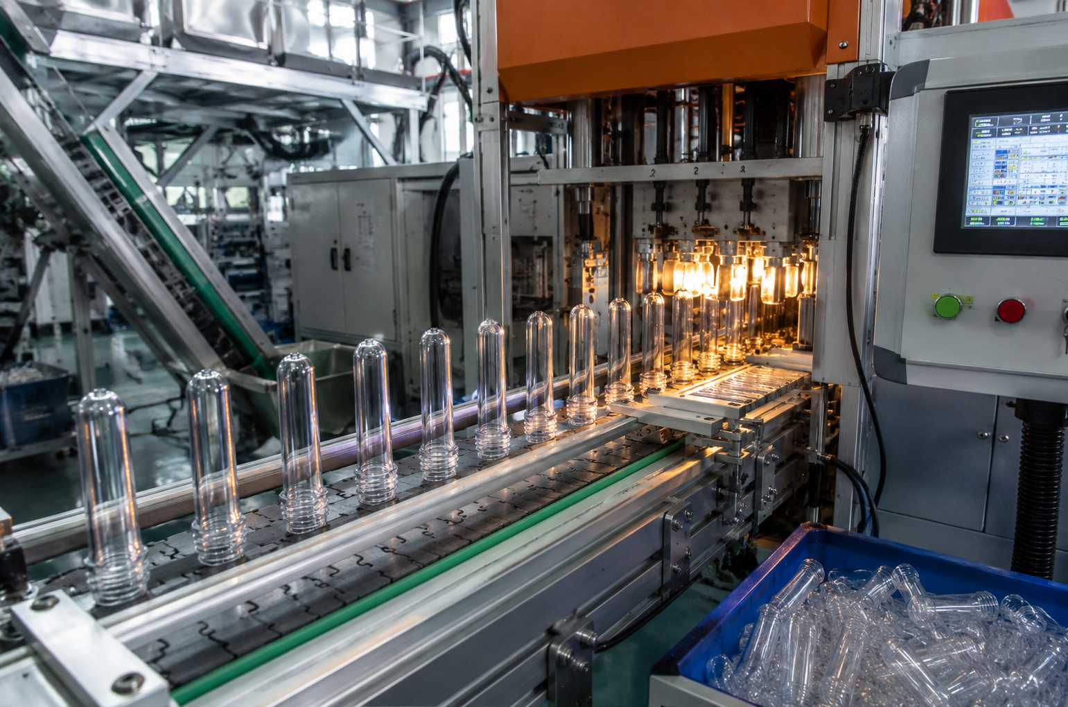 Blow molding machine processing PET preforms